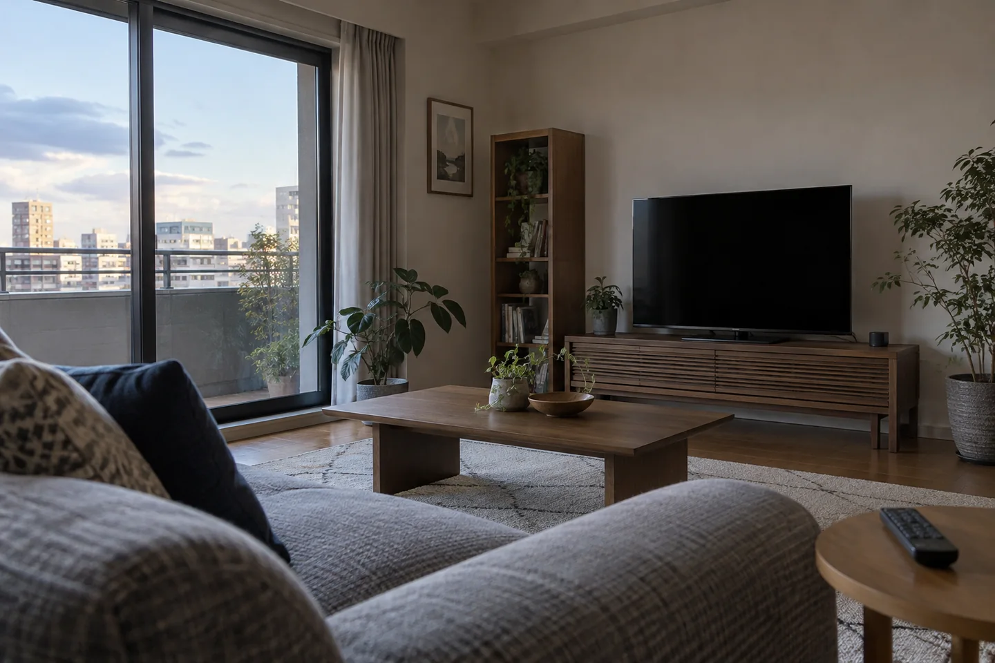 A switched-off television and remote in an empty living room