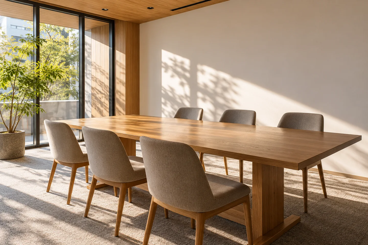 An empty Japanese meeting room with a long table in diagonal afternoon sunlight