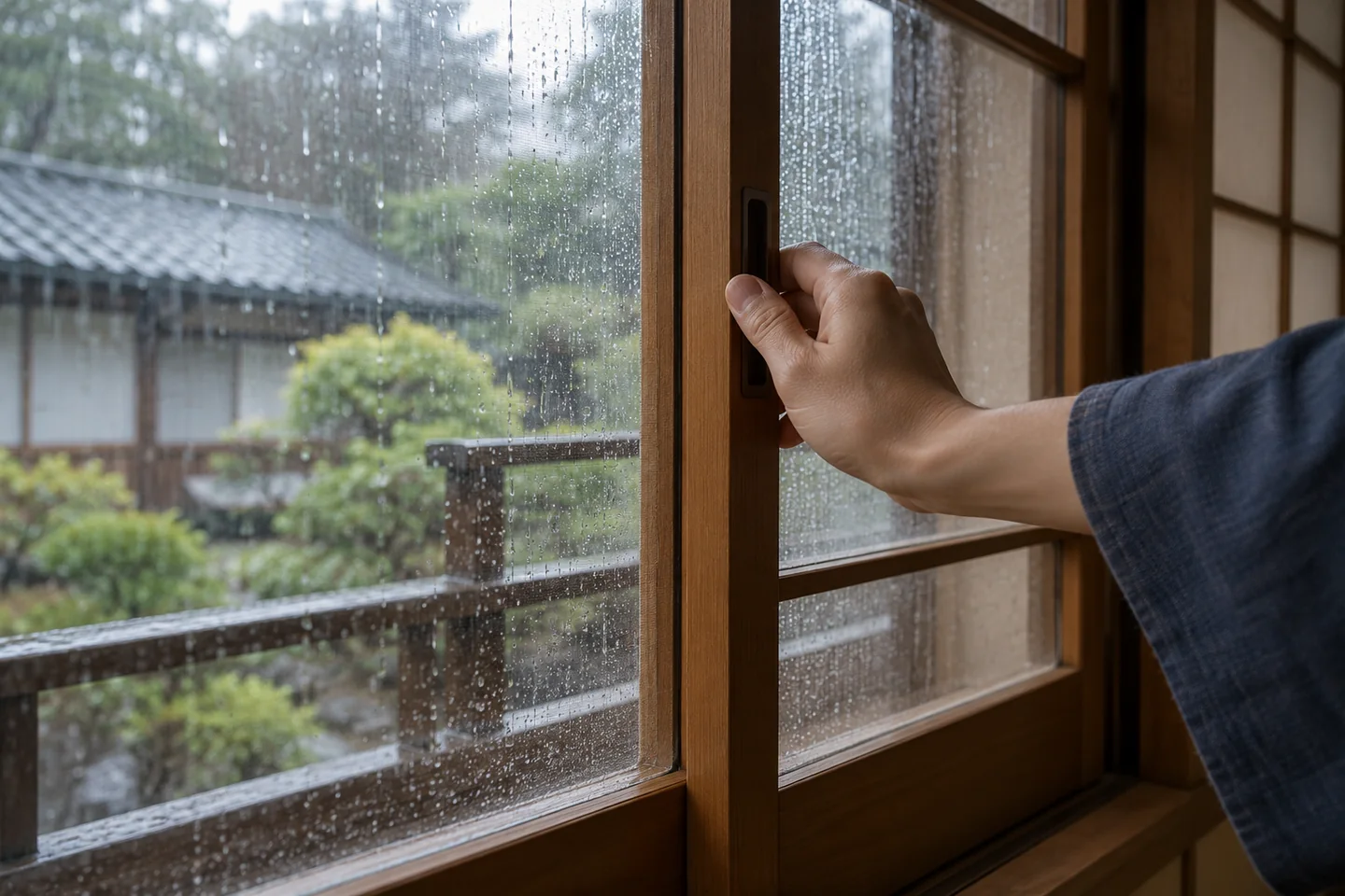 An adult hand slides a wooden guesthouse window shut against a rainy view