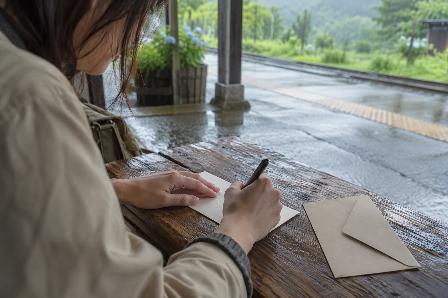 Adult hands write on a partly hidden postcard beside a plain envelope on a station bench