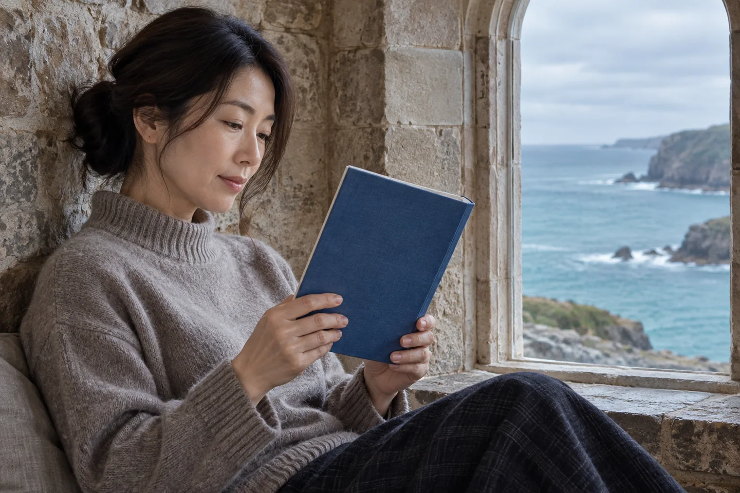 An adult woman holds a plain blue book in a stone alcove overlooking the sea
