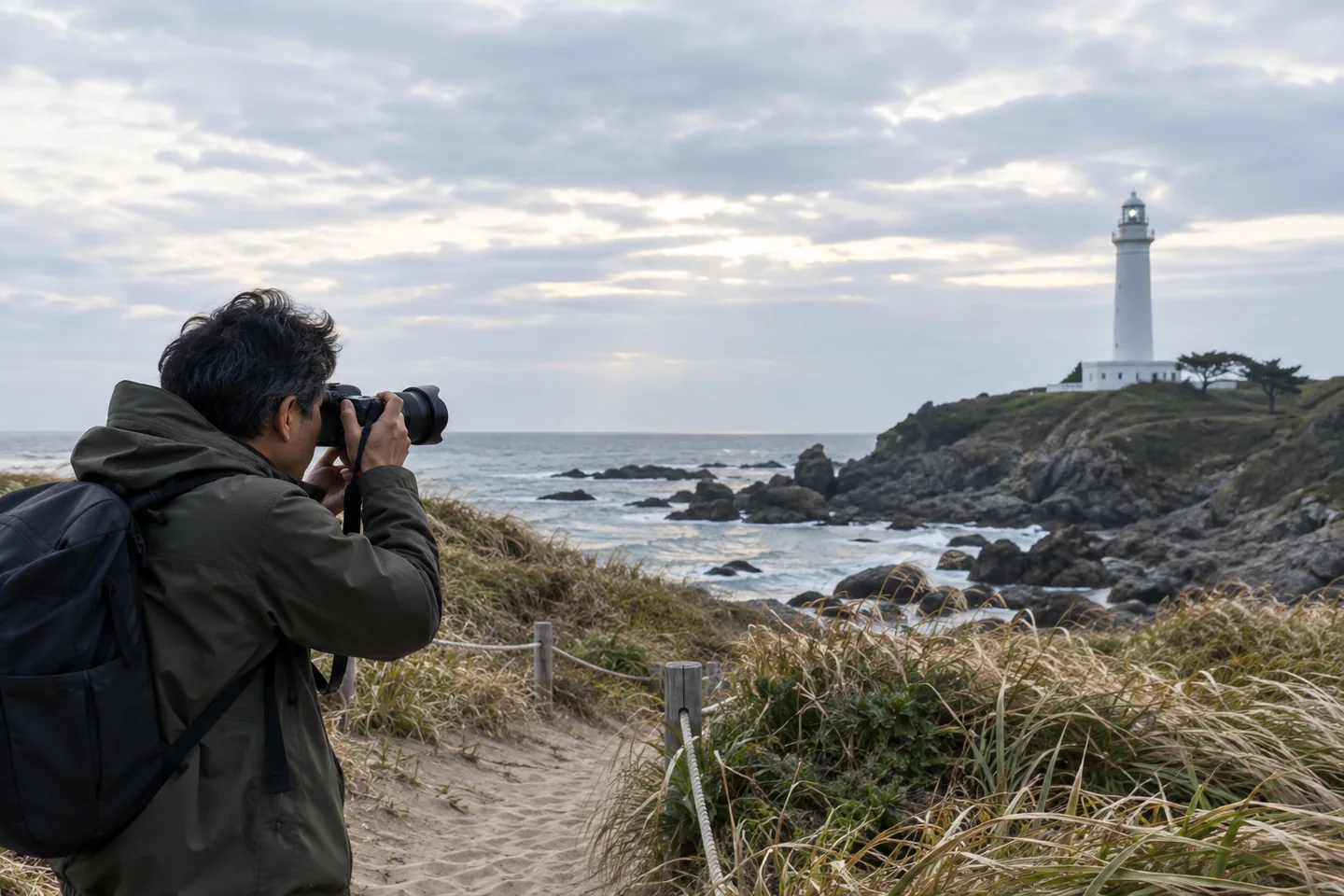 An adult photographs a white lighthouse from a path through dune grass