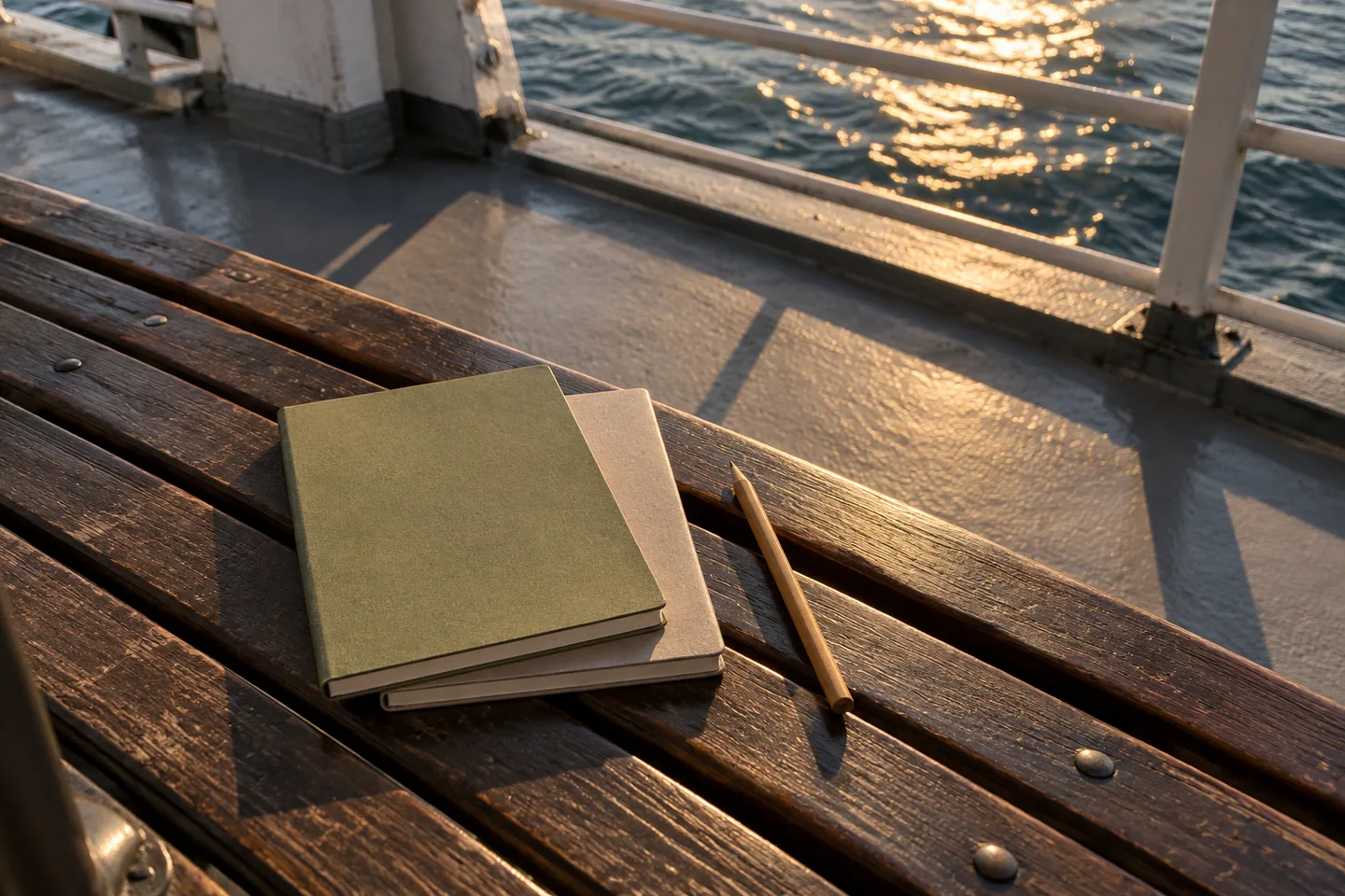 Two plain closed notebooks and a pencil on a ferry terminal bench in angled light