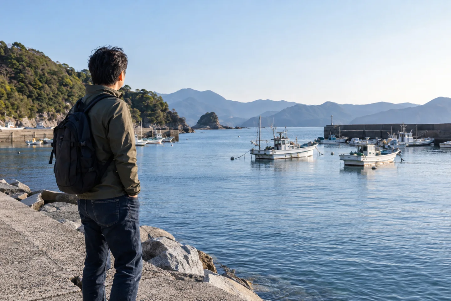 An adult looks across a fishing harbor from a rocky Japanese coastal promenade
