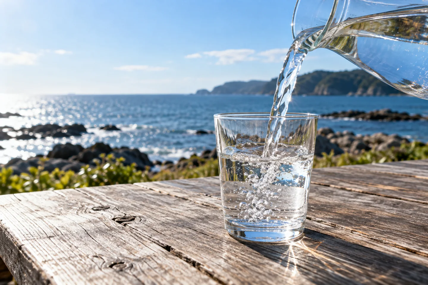 Clear water pours from a plain pitcher into a glass on a seaside table