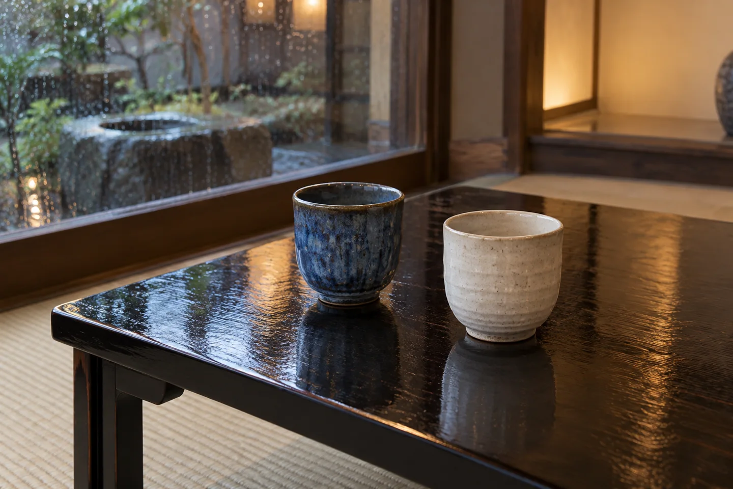 Un vaso azul y otro color crema están sobre una mesa negra junto a una ventana con lluvia