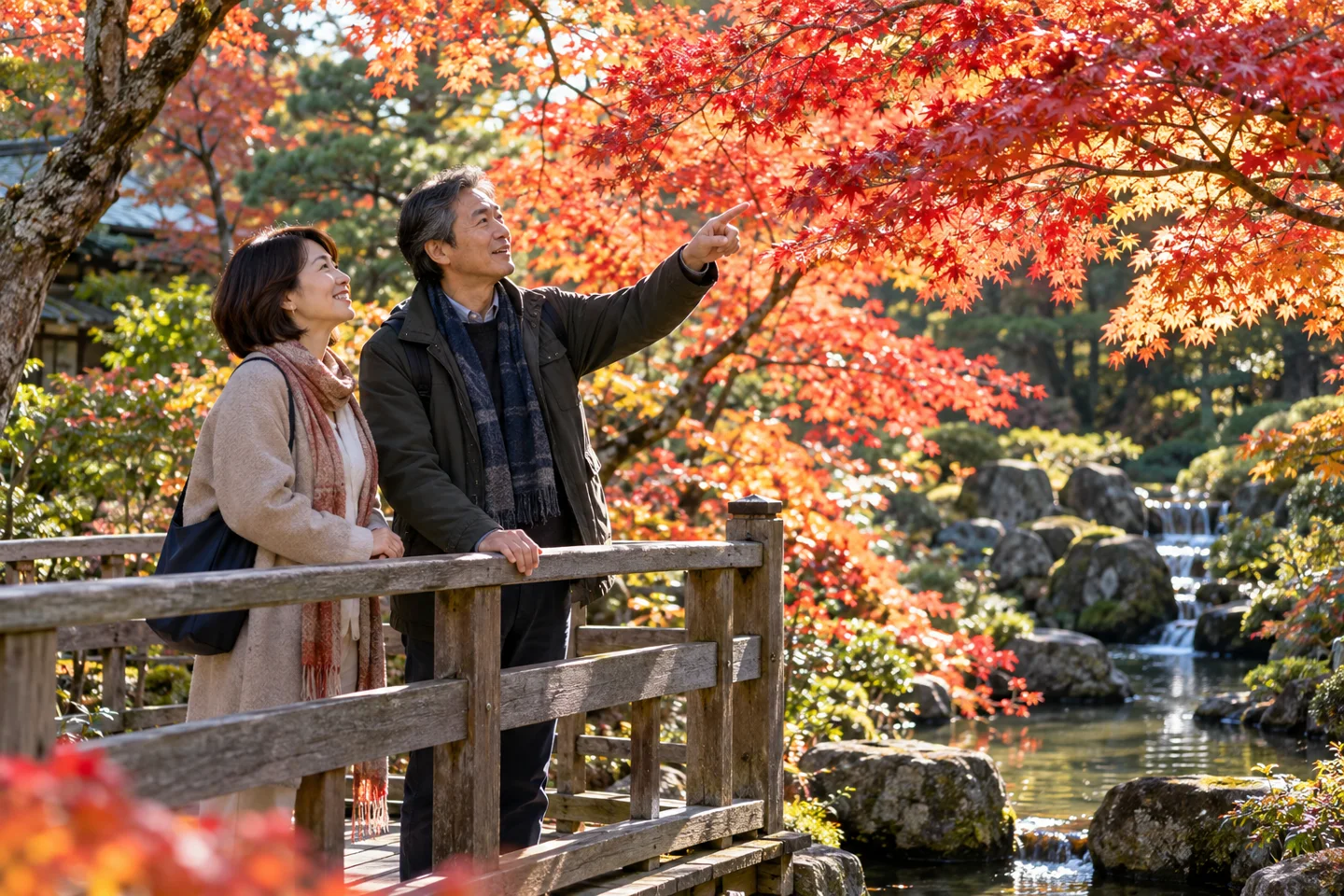 Deux adultes parlent sur une passerelle en bois sous les érables d’automne dans un jardin japonais
