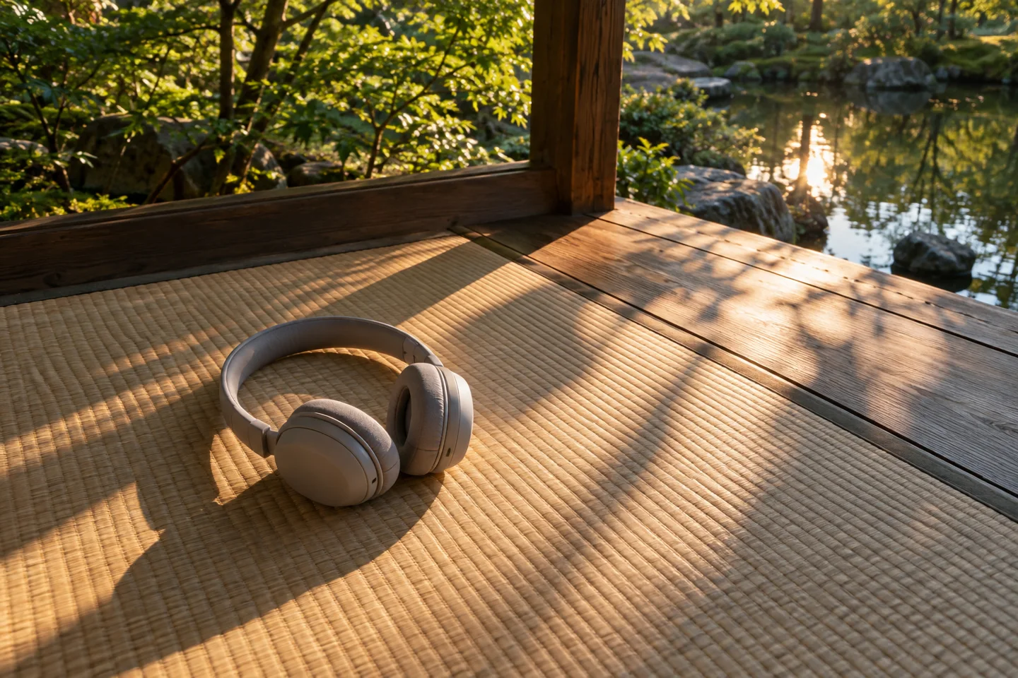 Un casque sans marque repose sur une natte tressée dans un pavillon de jardin ouvert