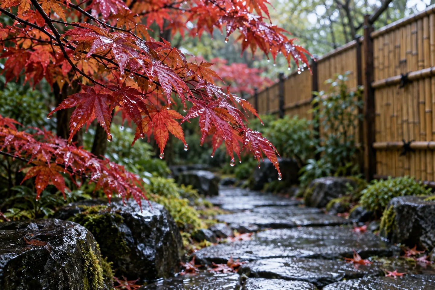 Des gouttes de pluie pendent aux feuilles rouges au-dessus d’un sentier de pierre mouillé