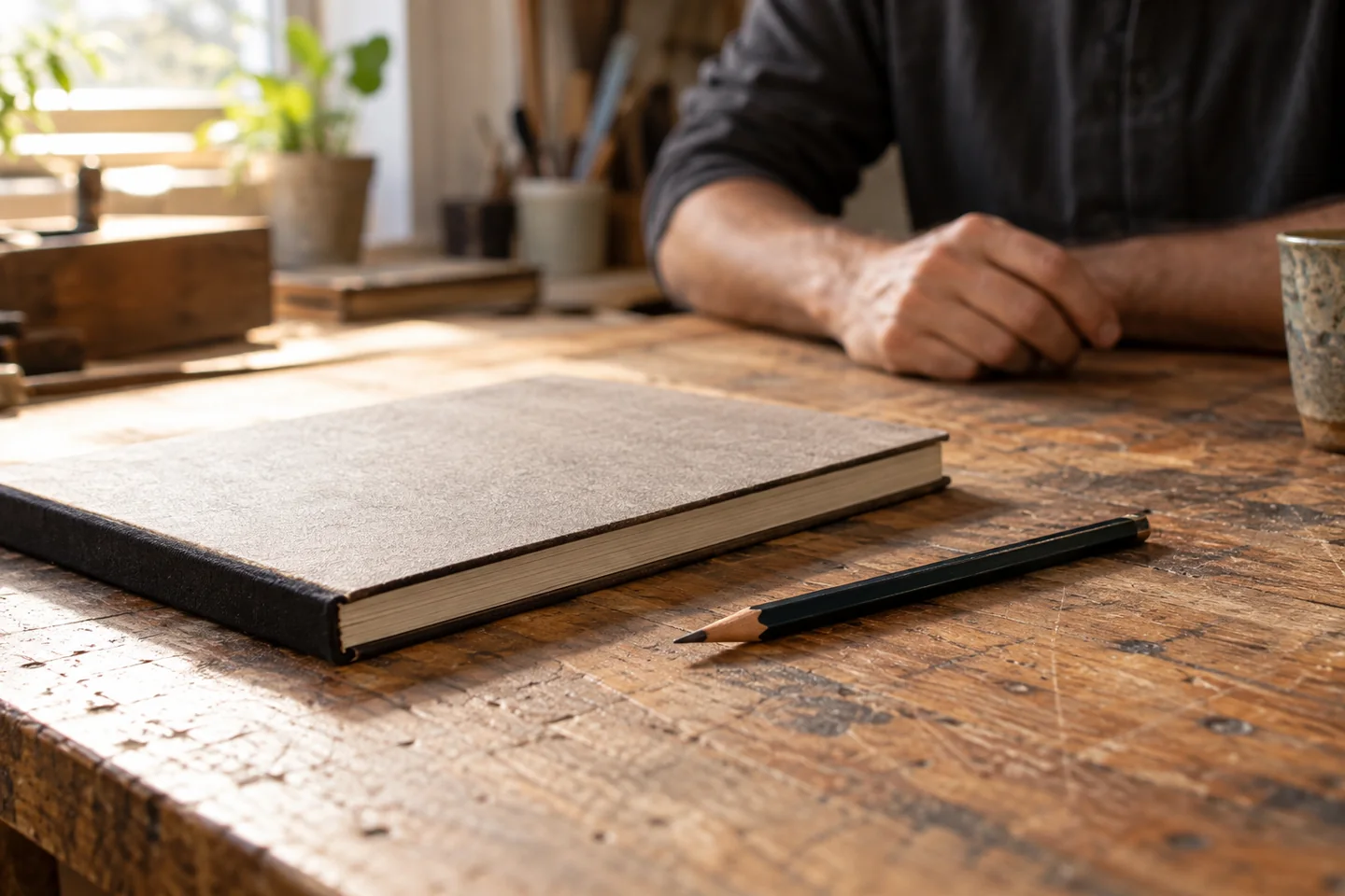 Um lápis simples ao lado de um caderno fechado sobre uma mesa de madeira