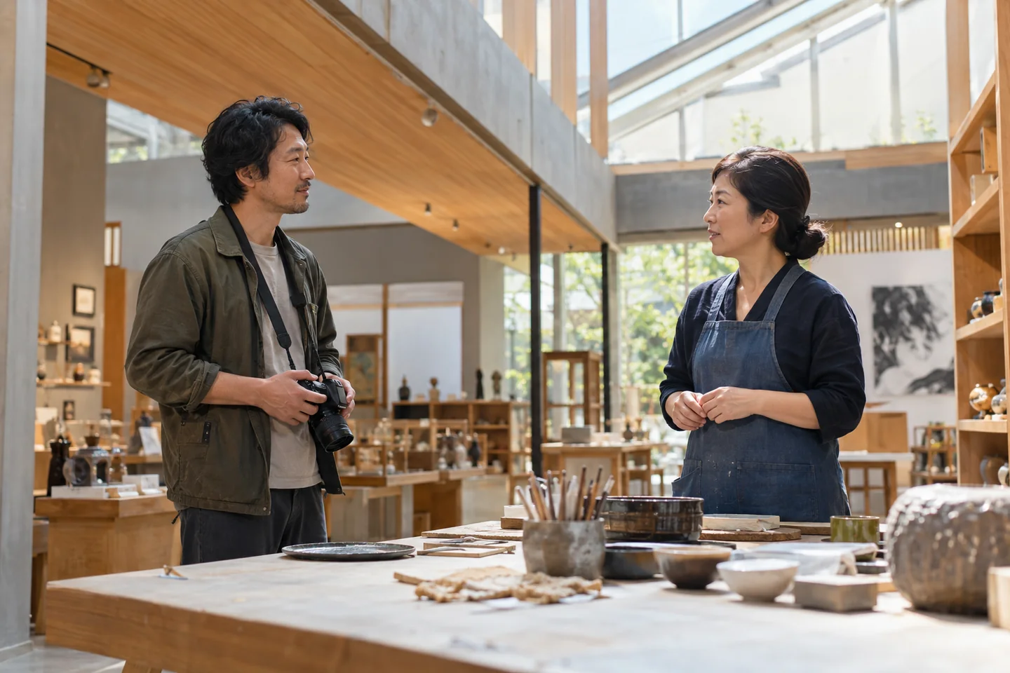 Duas pessoas adultas conversam sobre materiais junto a uma mesa num centro artístico iluminado