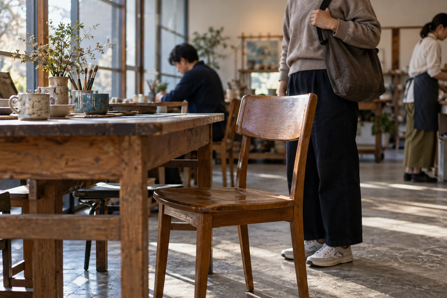 Uma cadeira de madeira vazia ao lado da mesa com uma pessoa adulta por perto