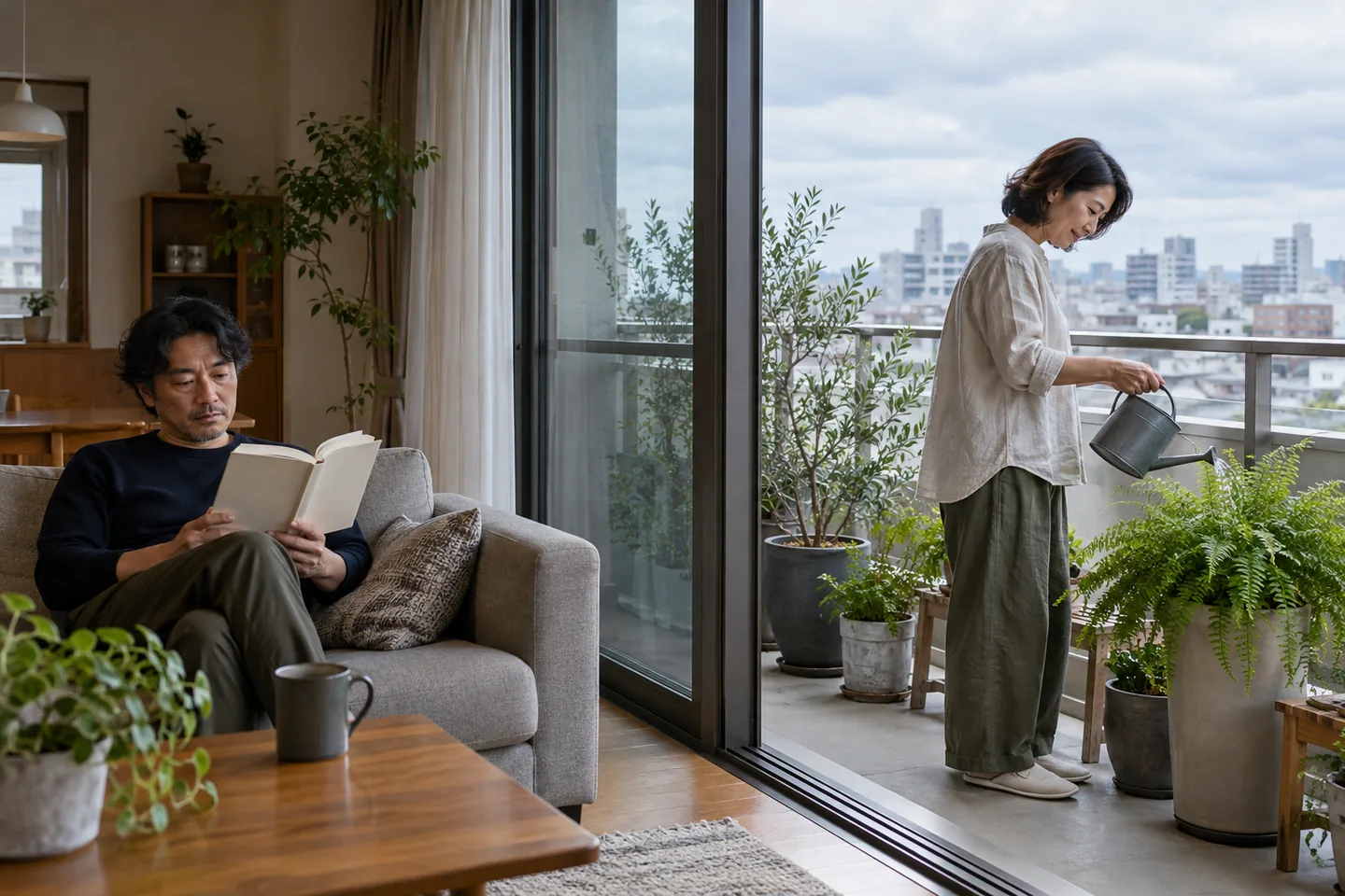 One adult watering a balcony plant while a separate adult reads indoors