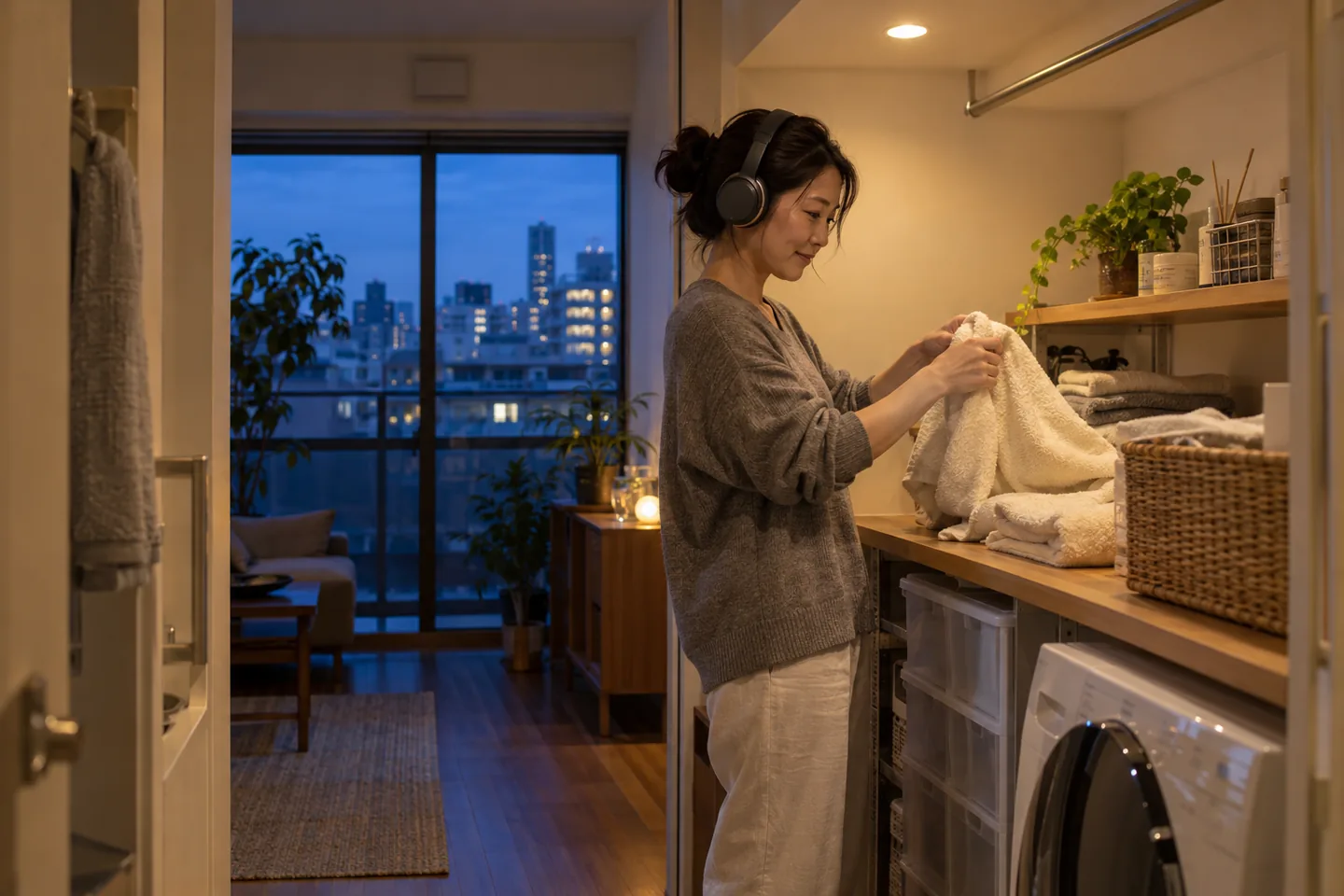 Adult woman folding a towel while wearing headphones beside a city window at blue hour