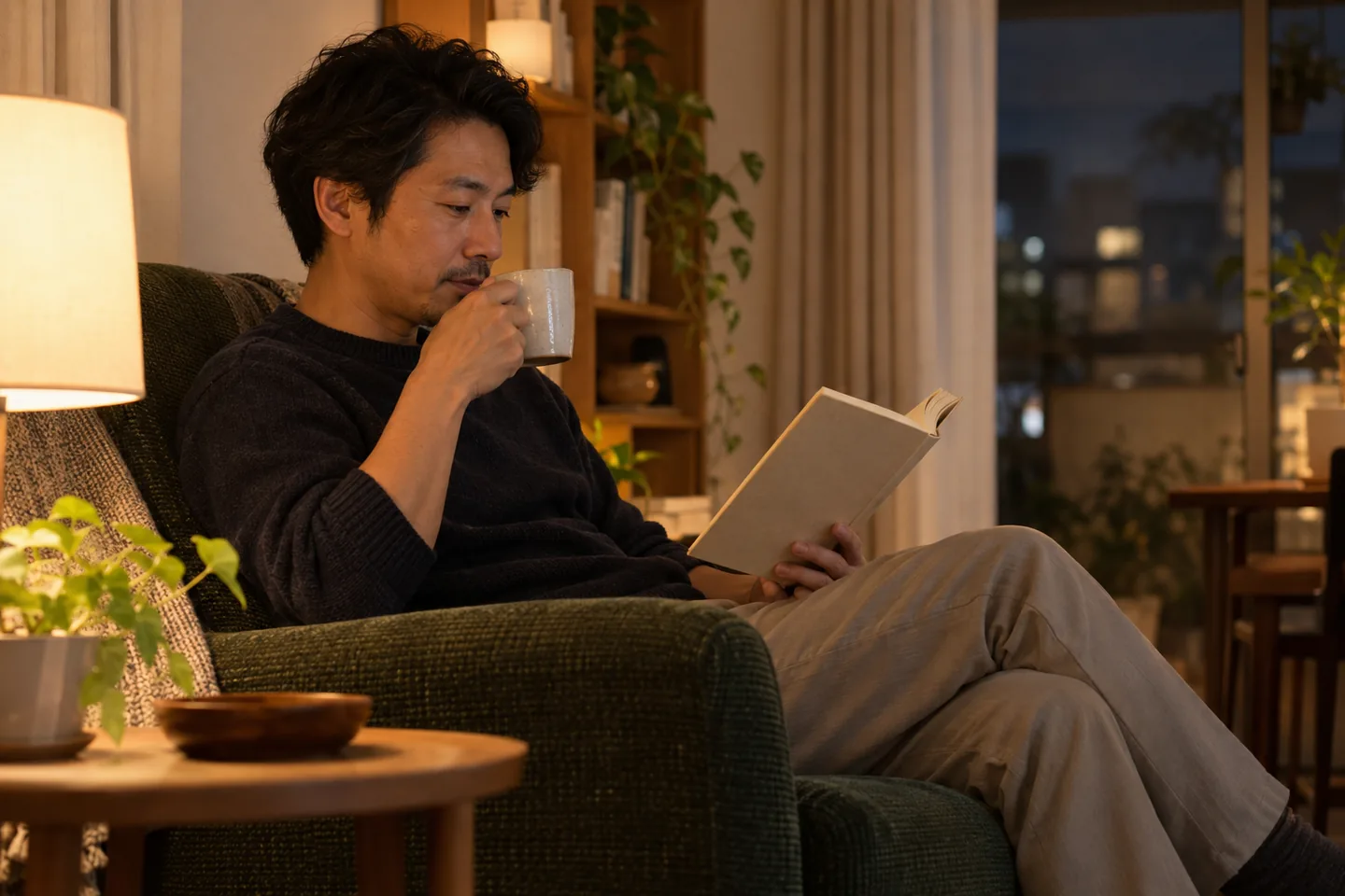 Adult man reading a plain book and holding a cup of tea in a green armchair
