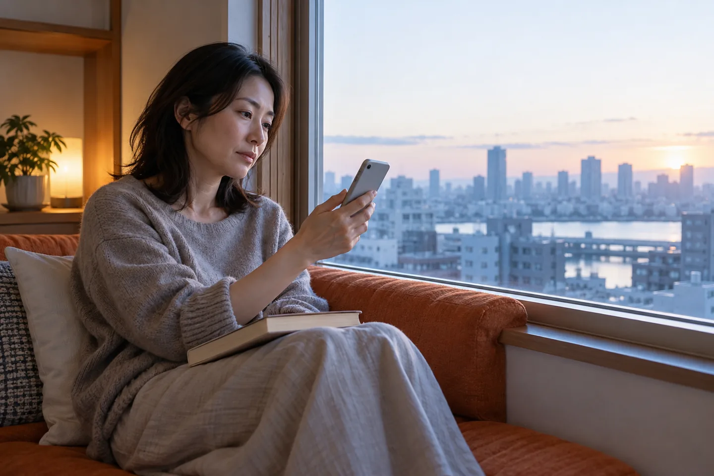 Adult woman considering a phone with its screen hidden beside a dawn city window