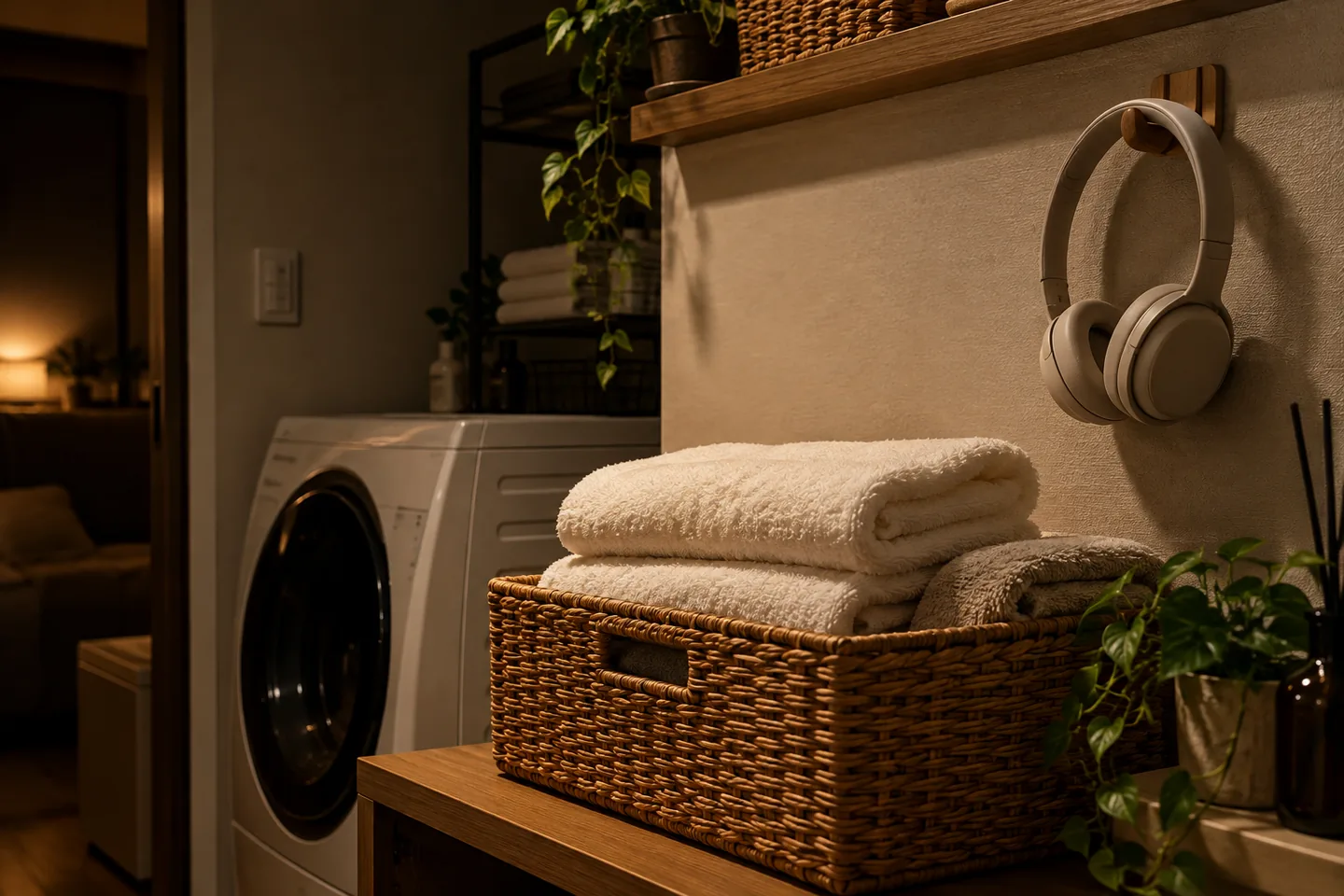 Folded towels in a basket and unused headphones hanging on a wall hook