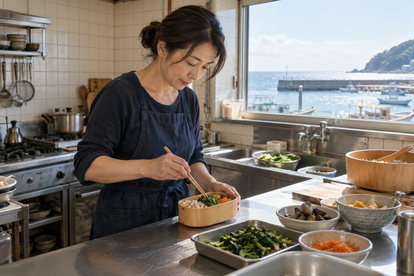 Uma adulta coloca legumes em uma marmita no balcão de uma cozinha comunitária à beira-mar