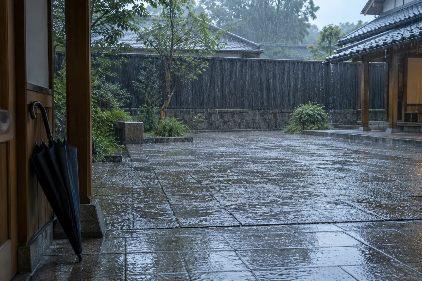 Chuva visível caindo em um pátio pavimentado ao lado de um guarda-chuva fechado