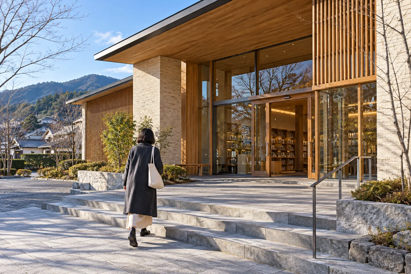 Adult woman approaching the broad steps of a timber-screened town library in clear morning light