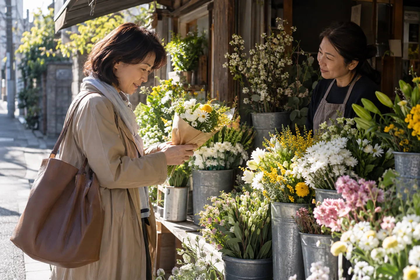 Adult customer holding white and yellow flowers beside a florist stall in afternoon light