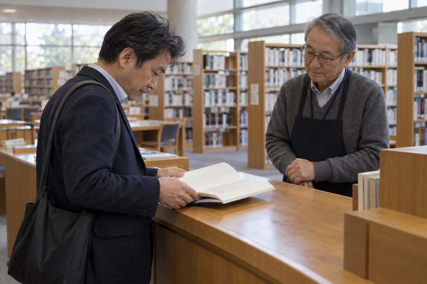 Adult man inspecting an open book at a wooden library counter beside an older librarian