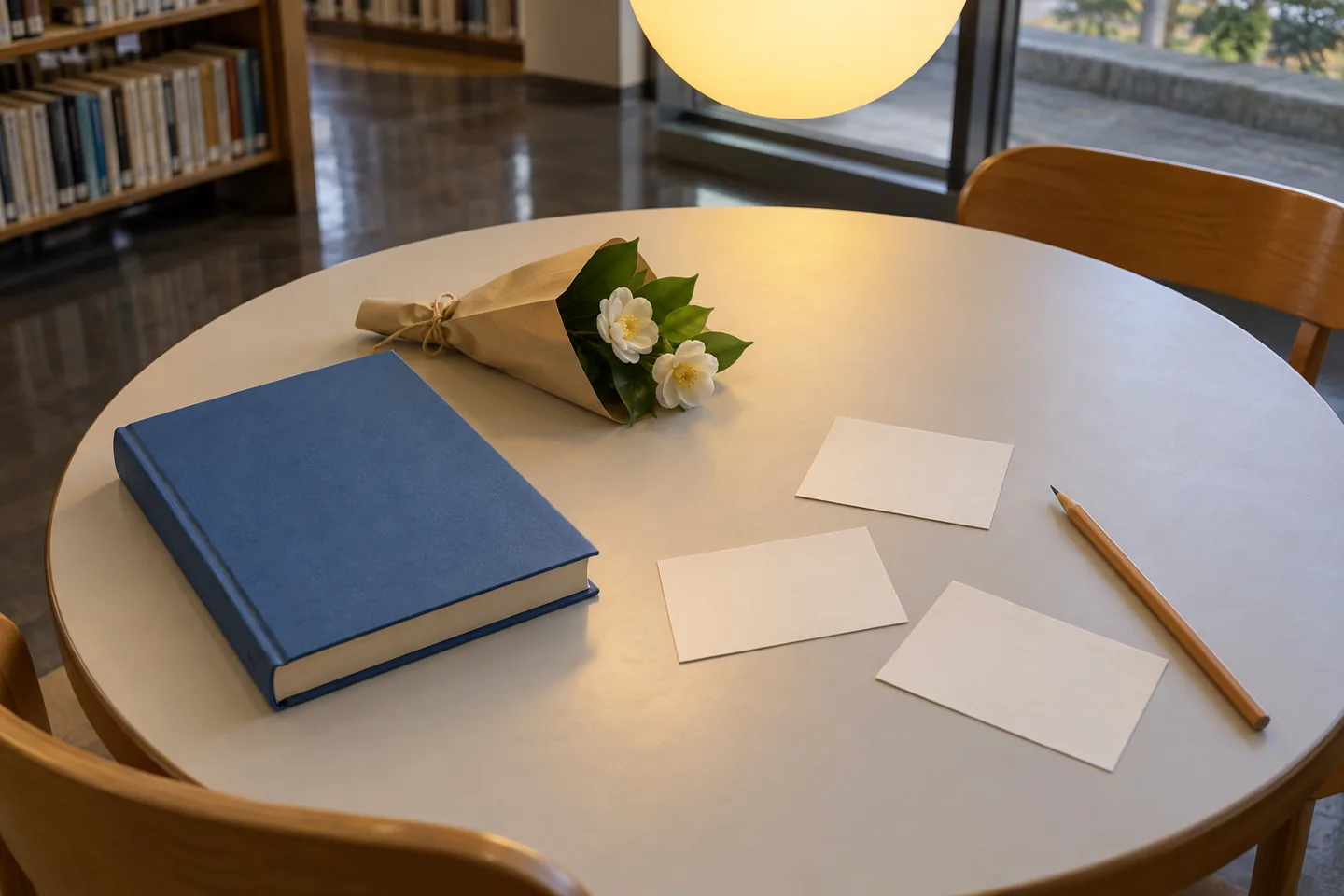 Closed blue book, wrapped white flowers, three blank cards and a pencil on a round reading-room table