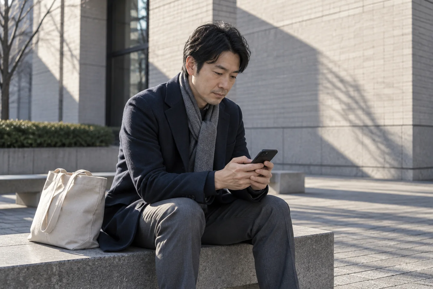 Adult man considering a phone with its screen hidden while seated on a concrete plaza bench