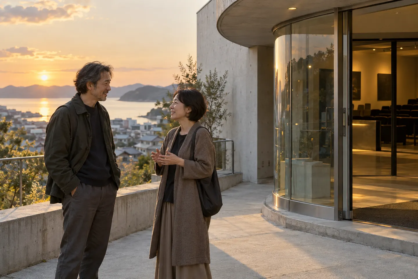 Dois adultos conversam diante da entrada curva de vidro de um cinema acima de uma cidade costeira ao pôr do sol