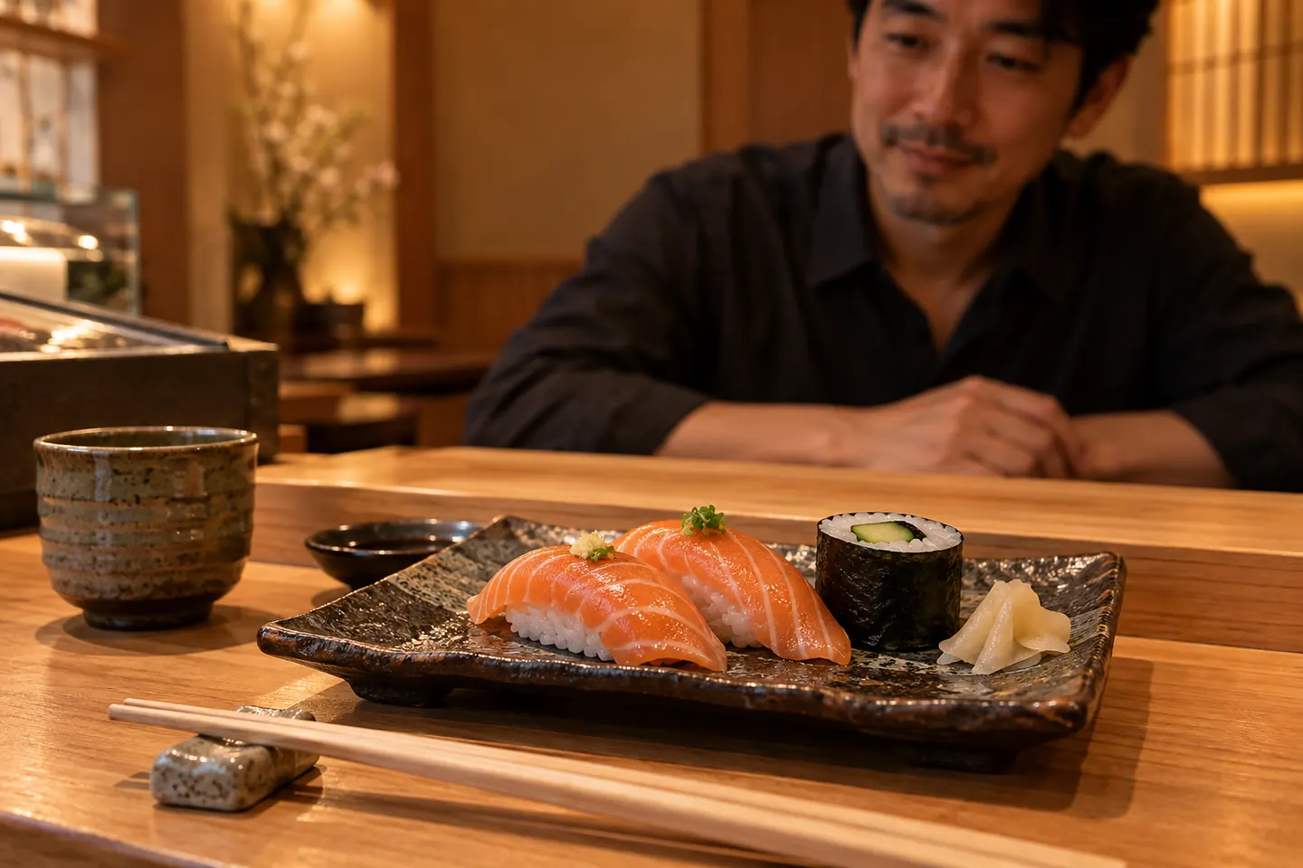 Sushi de salmão e um rolinho de pepino num prato escuro sobre um balcão de madeira junto a um cliente adulto