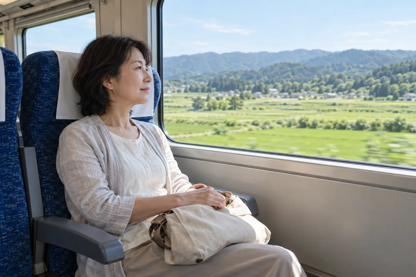 Uma adulta sentada junto à janela de um trem de passageiros observa campos verdes