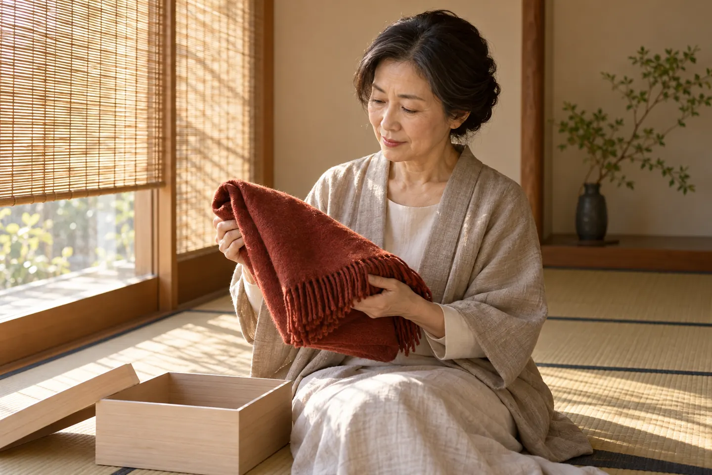 Adult woman holding a folded rust-colored scarf beside an open wooden box in a sunlit tatami room