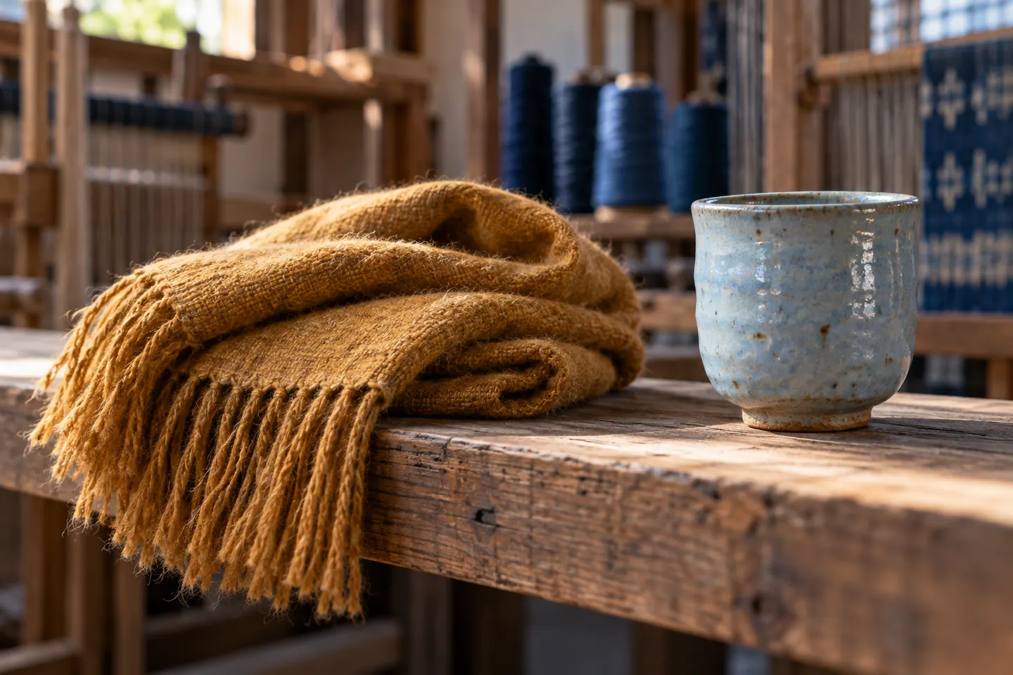 Folded ochre wool scarf and pale-blue ceramic cup on a rough wooden shelf with thread cones behind