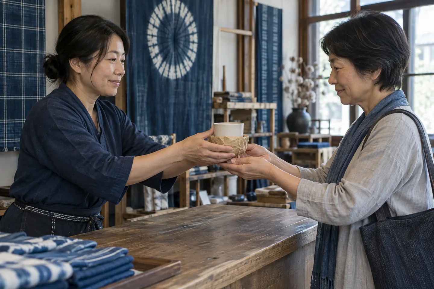 Two adult women holding a paper-wrapped ceramic cup between them above a wooden workshop counter
