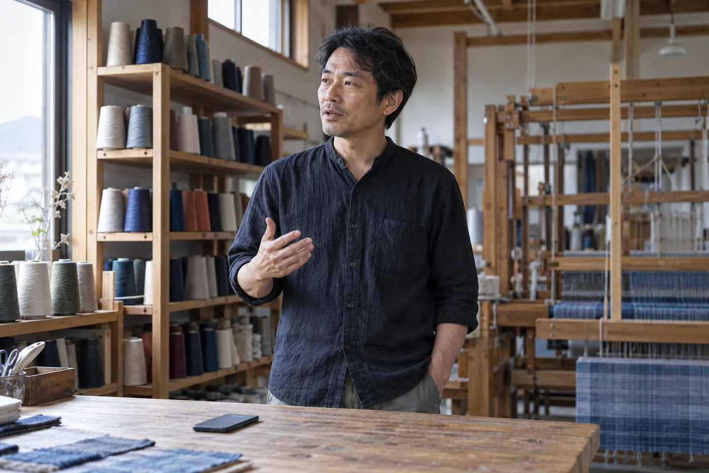Adult man making a small conversational gesture beside thread racks and a dark phone on a wooden desk