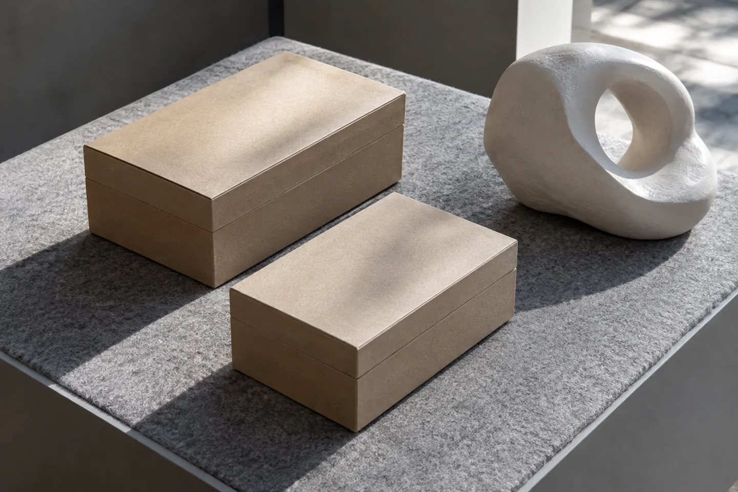 Duas caixas de papelão sem etiquetas ao lado de uma escultura branca