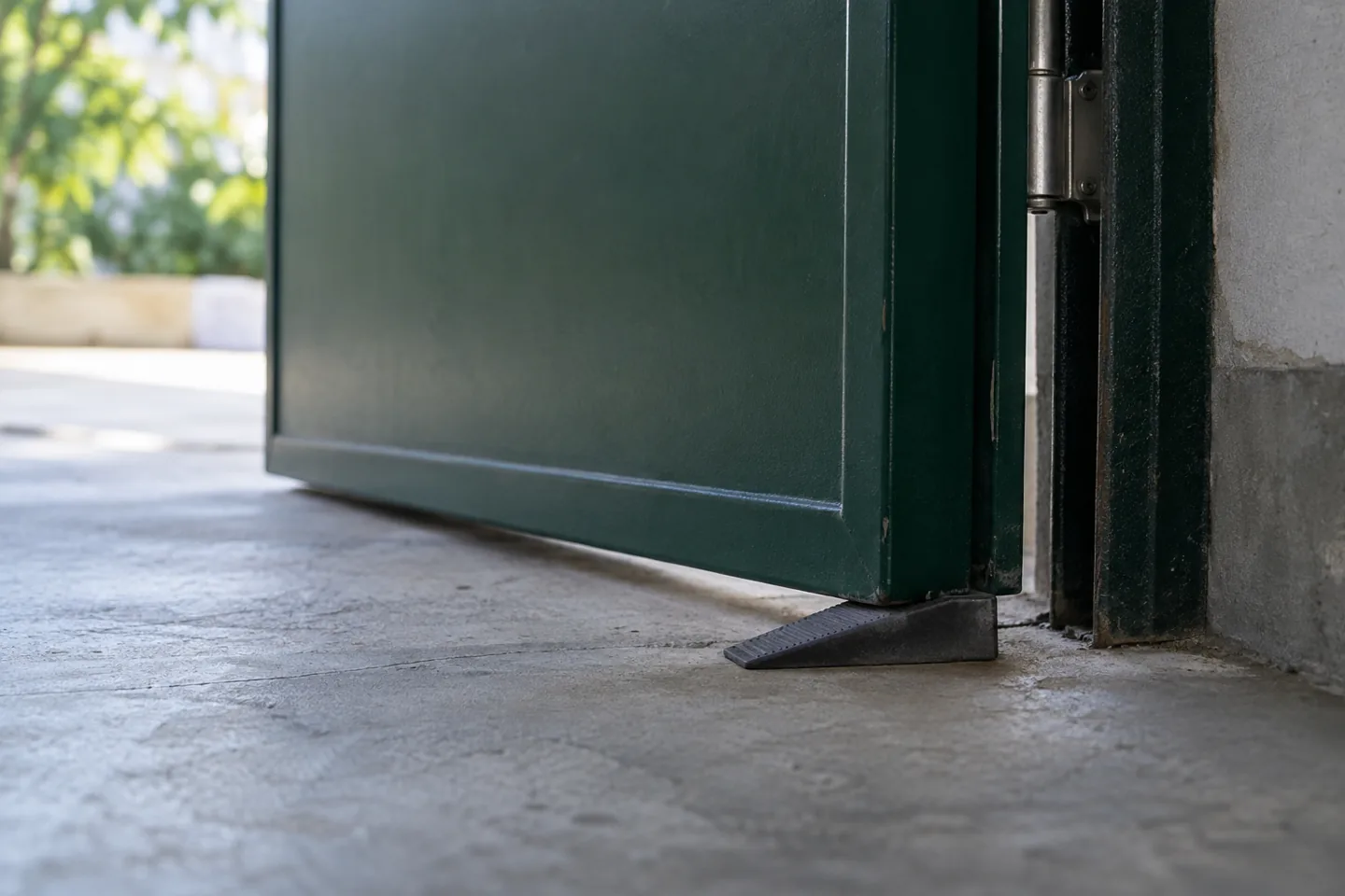 Porta verde aberta apoiada numa cunha sobre o piso de concreto