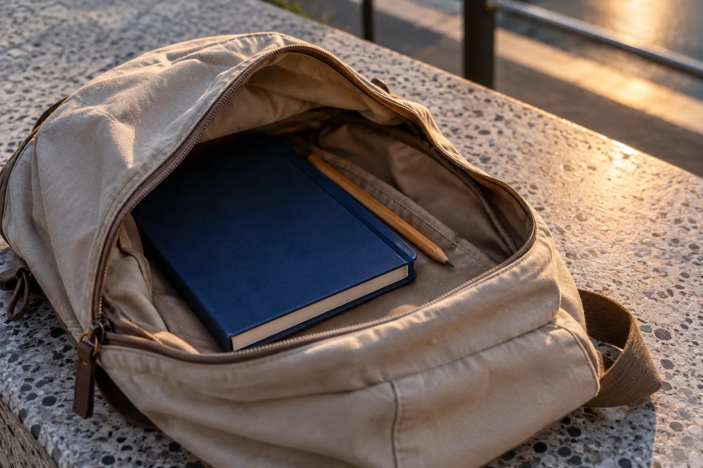 Caderno azul fechado e lápis dentro de uma mochila de lona