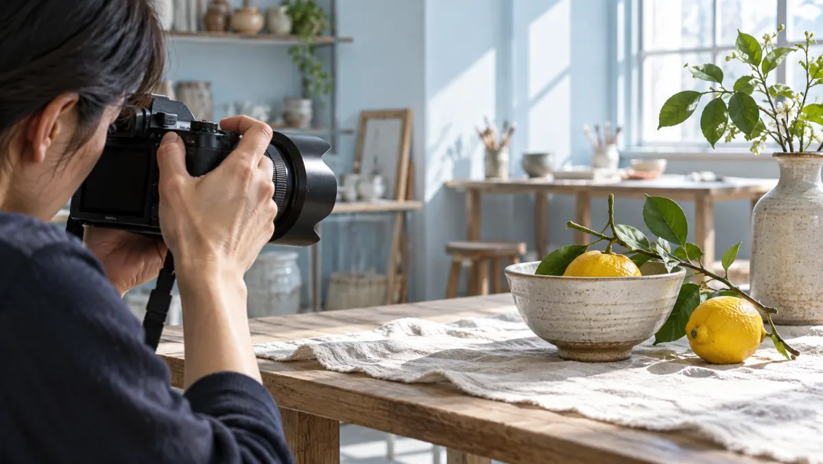 Des mains adultes dirigent un appareil photo vers des agrumes et un bol en céramique.