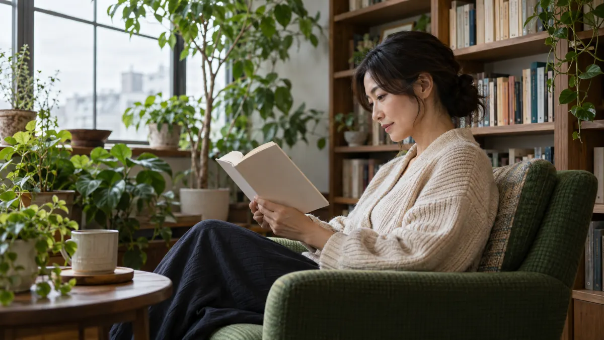 Une adulte lit un livre sans inscription dans un fauteuil vert près de plantes.