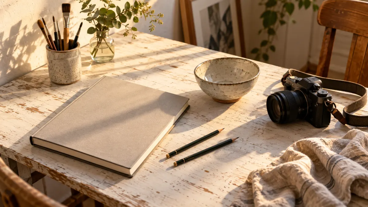 Un carnet fermé, des crayons, un bol et un appareil photo reposent sur une table d’atelier.
